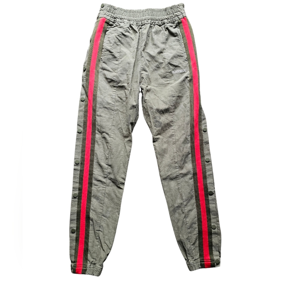 READYMADE Army green Khaki Red stripe clips on sides track pants joggers S-M